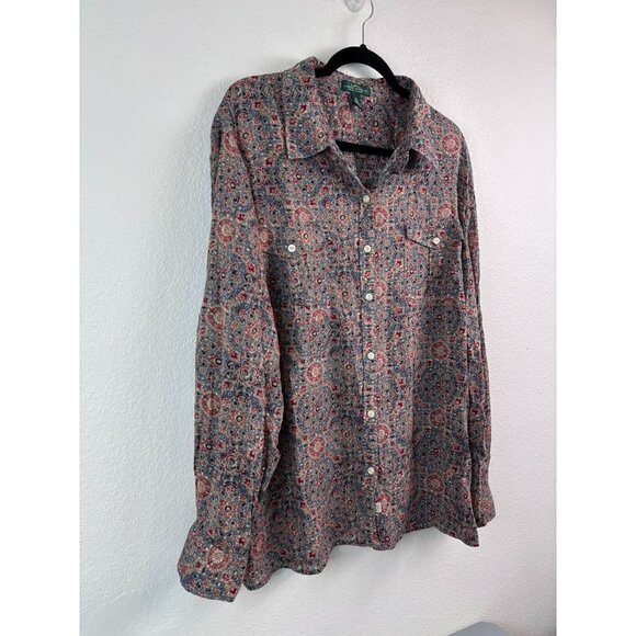 LRL Lauren Jeans Co women's 3X brown patterned gauzy long sleeve button down top - Picture 2 of 7